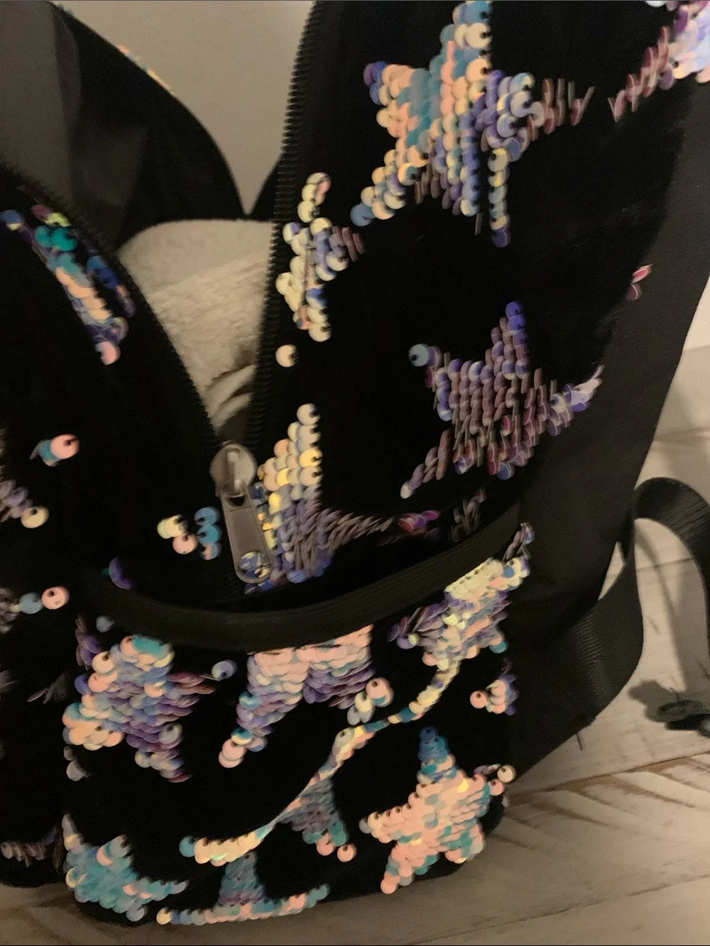 Justice Black Sequin Star Backpack with Iridescent Accents